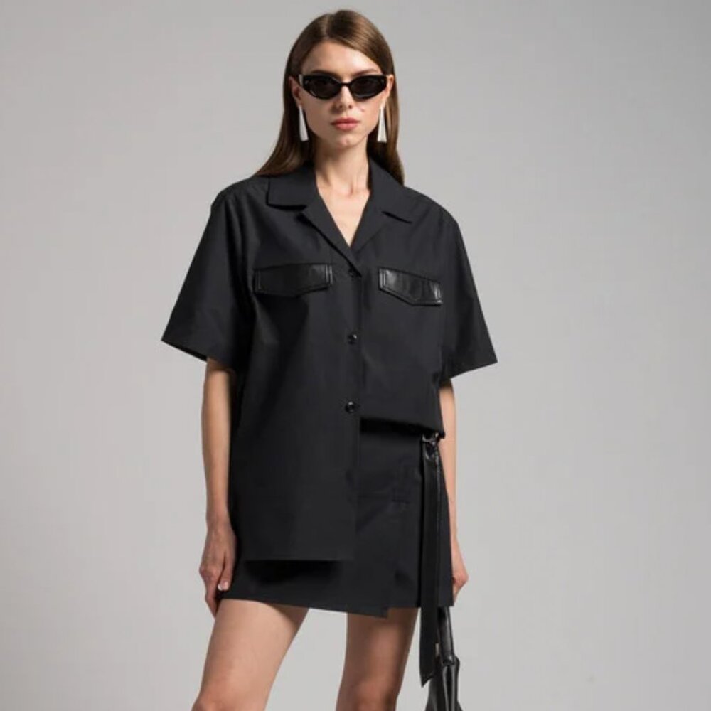 NWT Nanushka Emina Black Short Sleeve Shirt